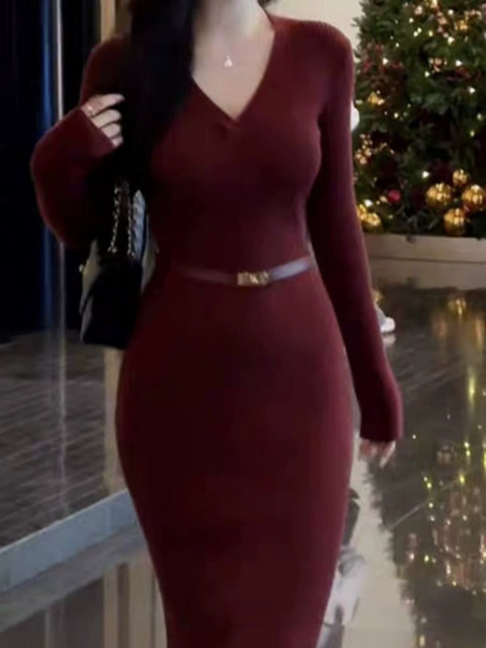 ZARA Elegant Goddess Style Bodycon Midi Dress for Women Autumn Winter Slim Fit